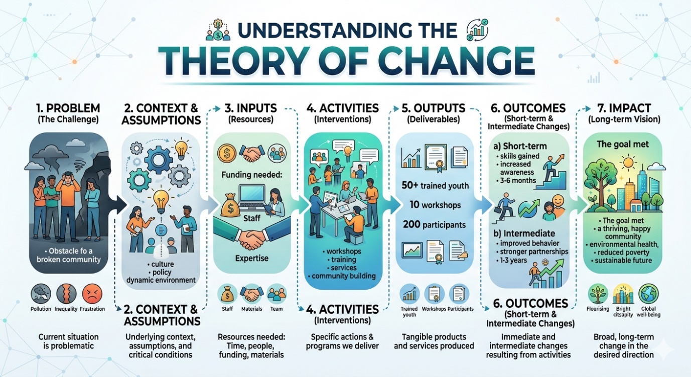 Understanding the Theory of Change: 1 Problem, 2 Context and Assumptions, 3 Inputs, 4 Activities, 5 Outputs, 6 Outcomes, 7 Impact